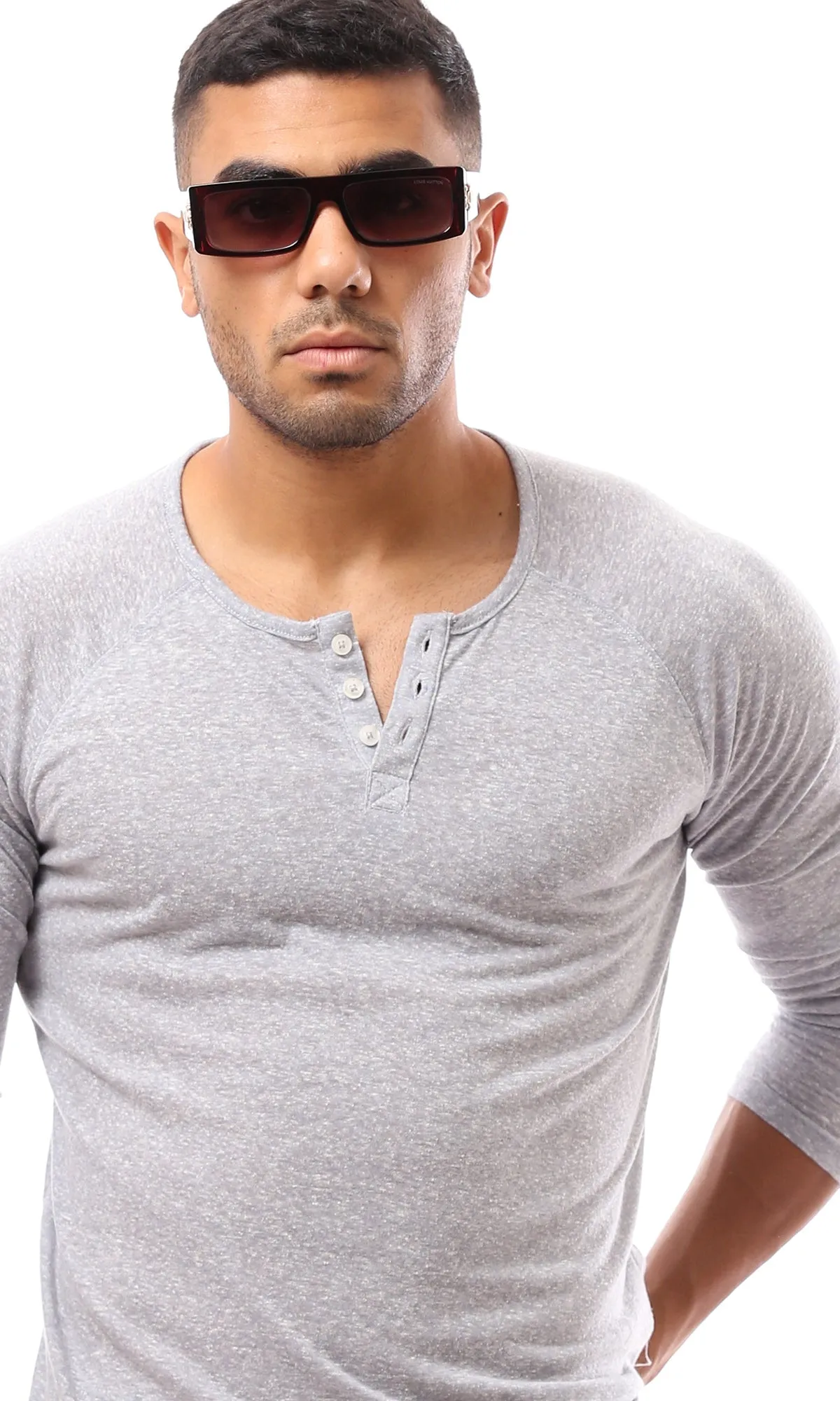 O171798 Buttoned Round Neck Heather Grey Henley Shirt