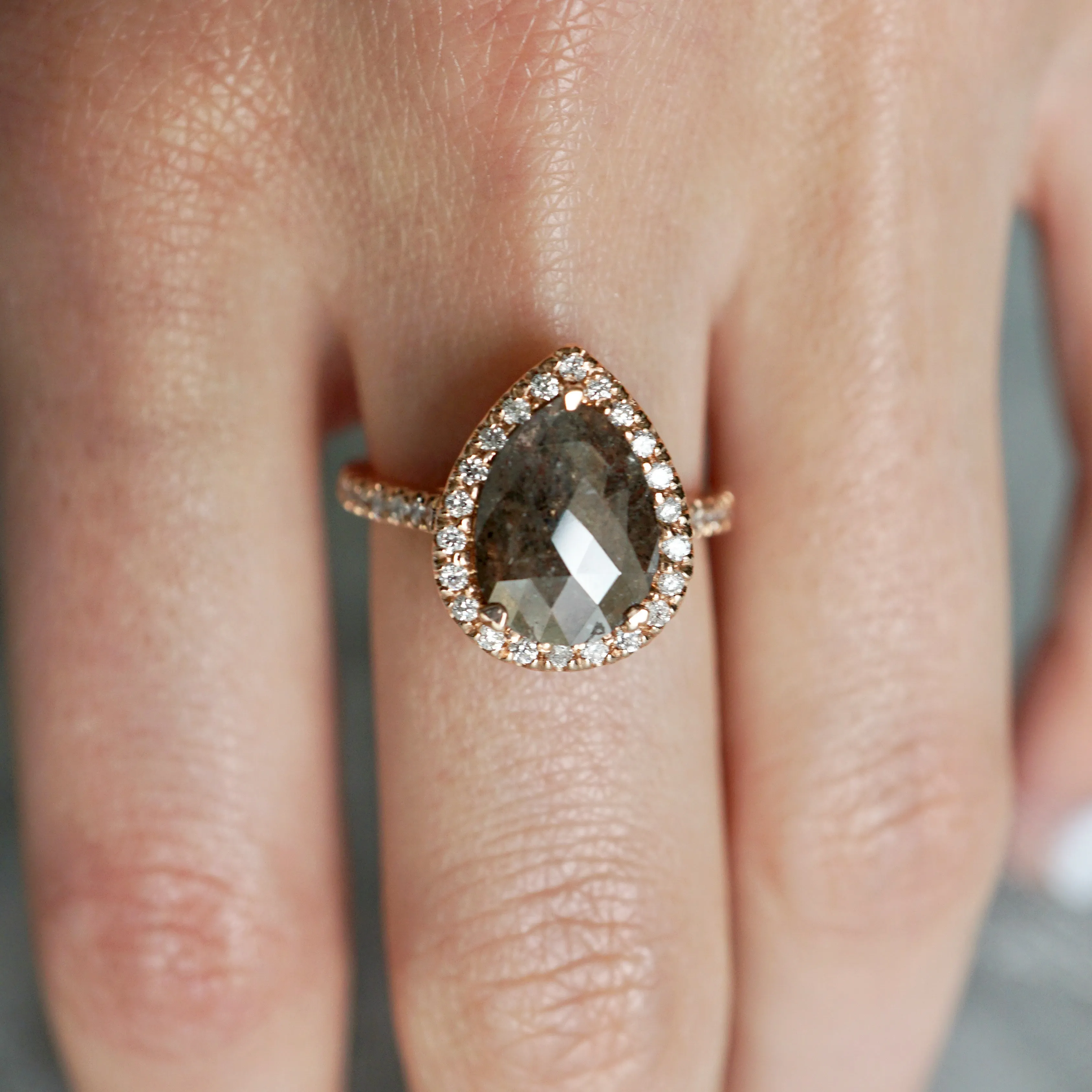 Pear Shape Rose Cut Diamond Halo Engagement Ring - Rustic Brown Diamond Engagement Ring - Diamond Halo Ring