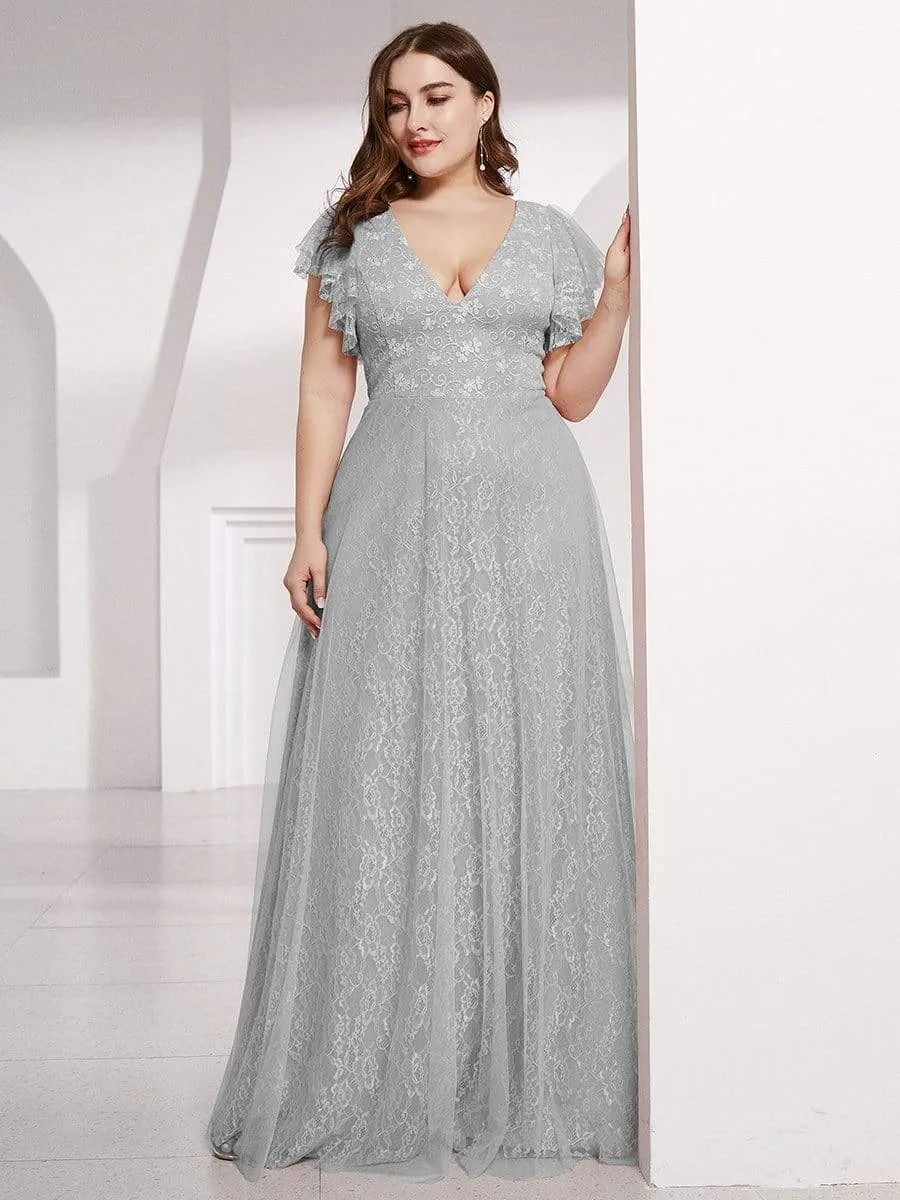 Plus Size Cap Sleeve Floral Lace Long Formal Dresses