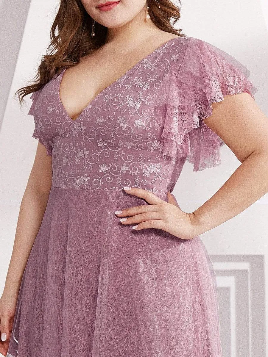 Plus Size Cap Sleeve Floral Lace Long Formal Dresses