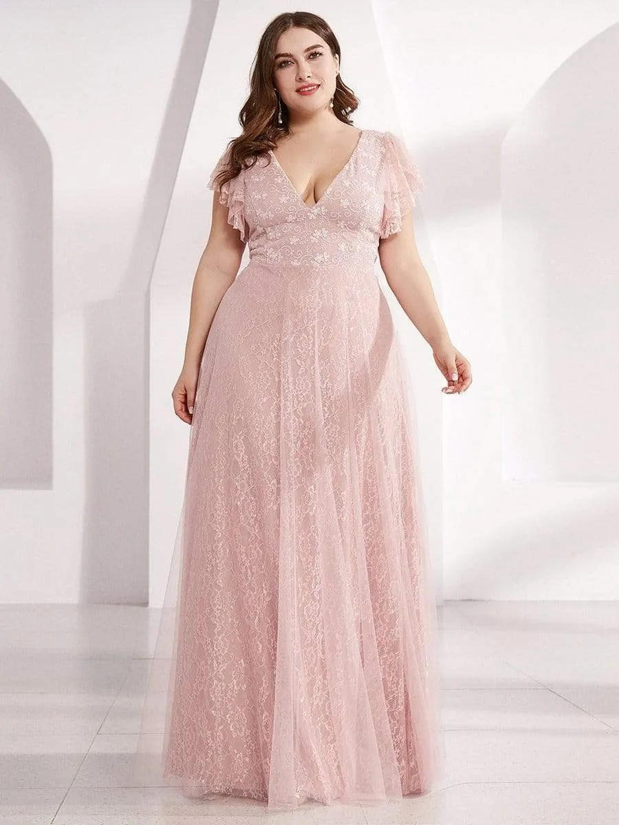 Plus Size Cap Sleeve Floral Lace Long Formal Dresses