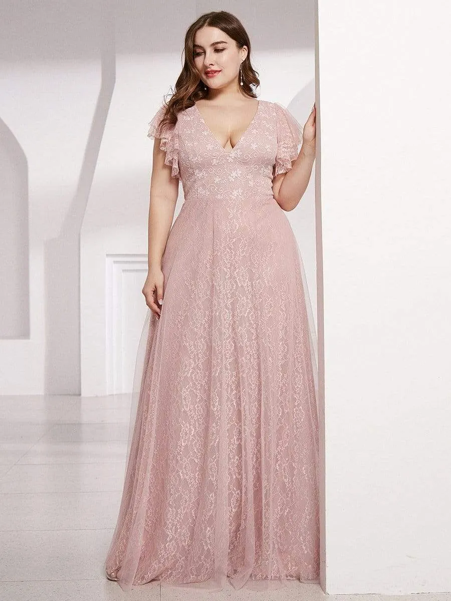 Plus Size Cap Sleeve Floral Lace Long Formal Dresses