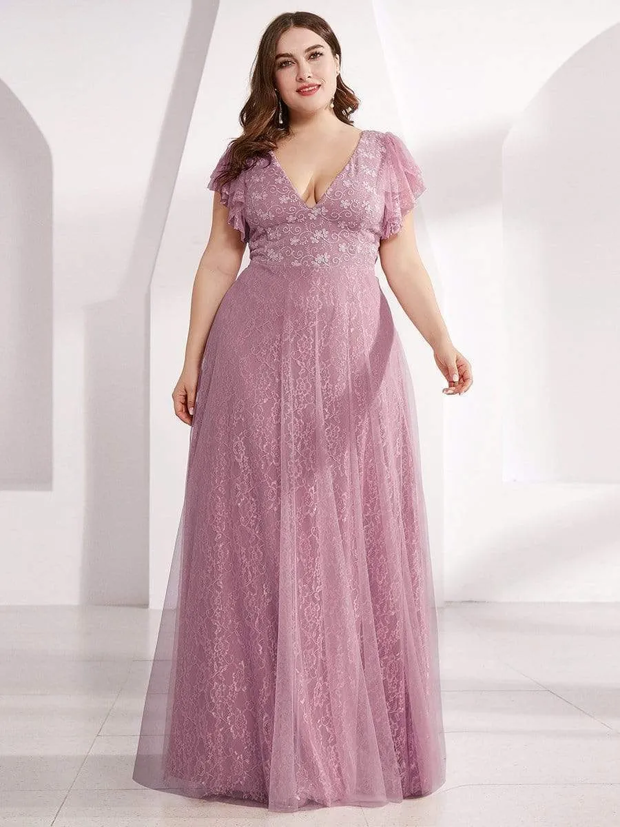 Plus Size Cap Sleeve Floral Lace Long Formal Dresses