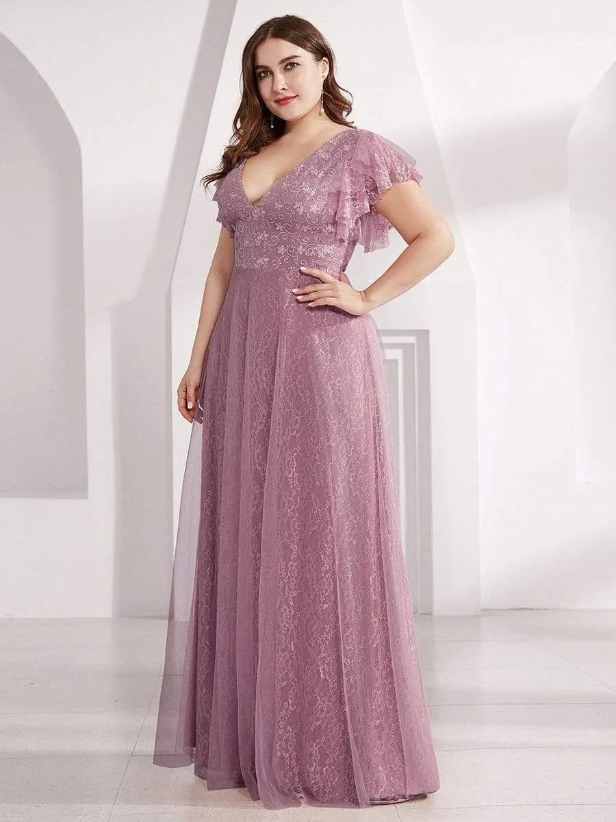 Plus Size Cap Sleeve Floral Lace Long Formal Dresses