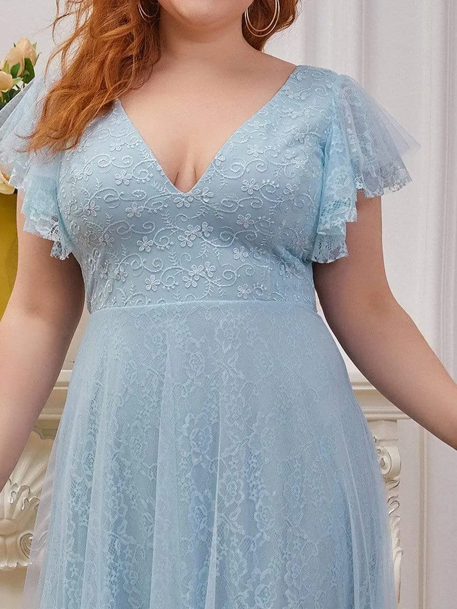 Plus Size Cap Sleeve Floral Lace Long Formal Dresses