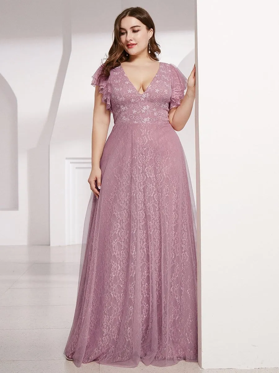 Plus Size Cap Sleeve Floral Lace Long Formal Dresses