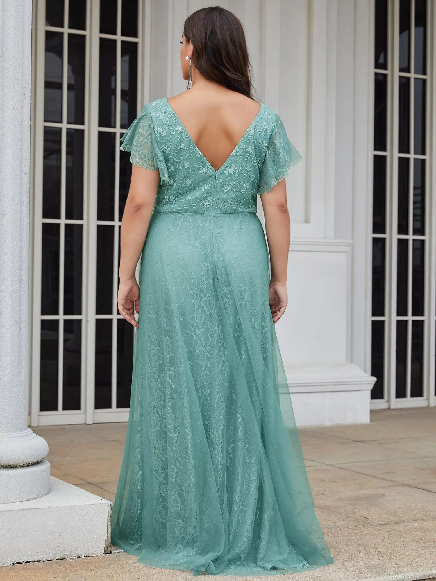 Plus Size Cap Sleeve Floral Lace Long Formal Dresses