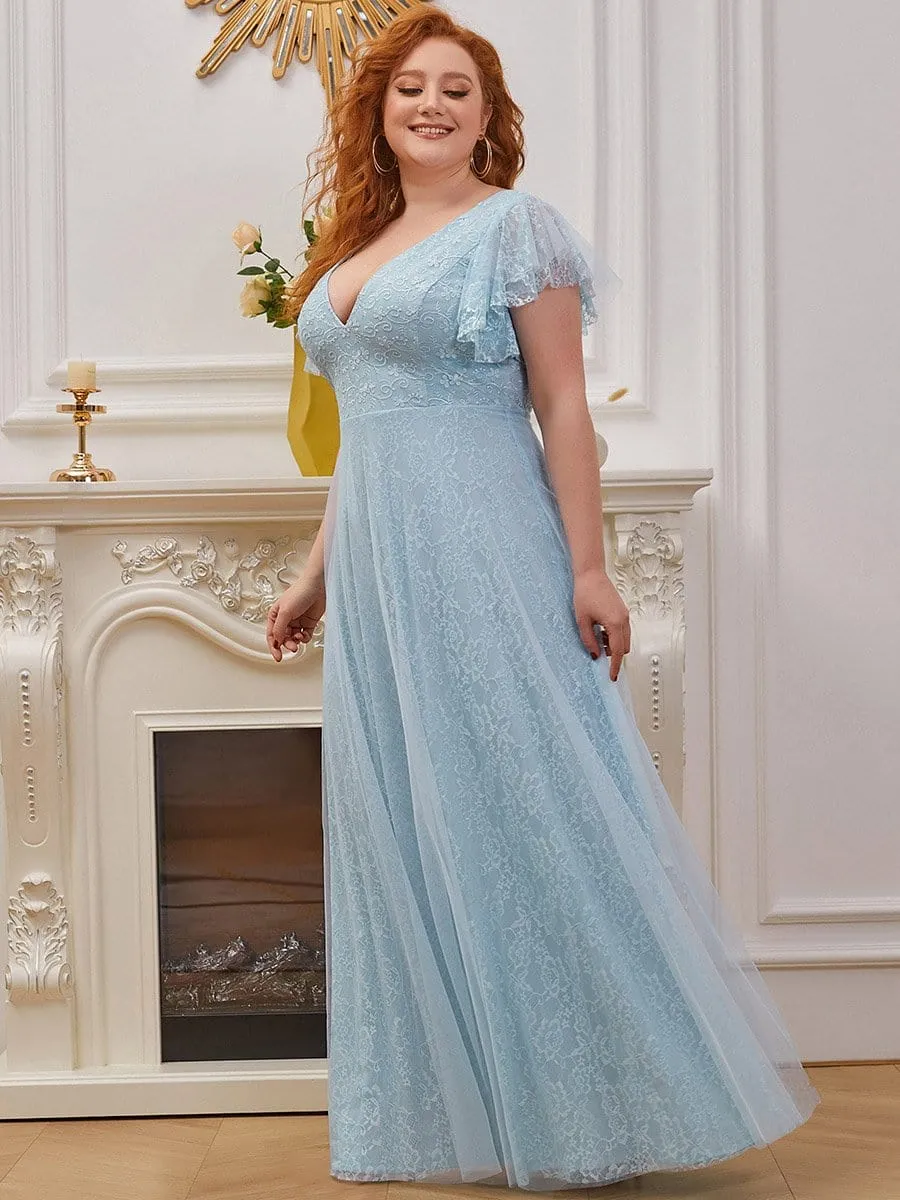 Plus Size Cap Sleeve Floral Lace Long Formal Dresses