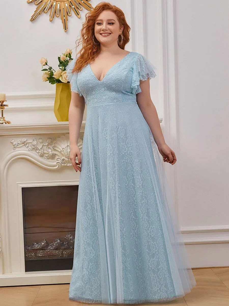 Plus Size Cap Sleeve Floral Lace Long Formal Dresses