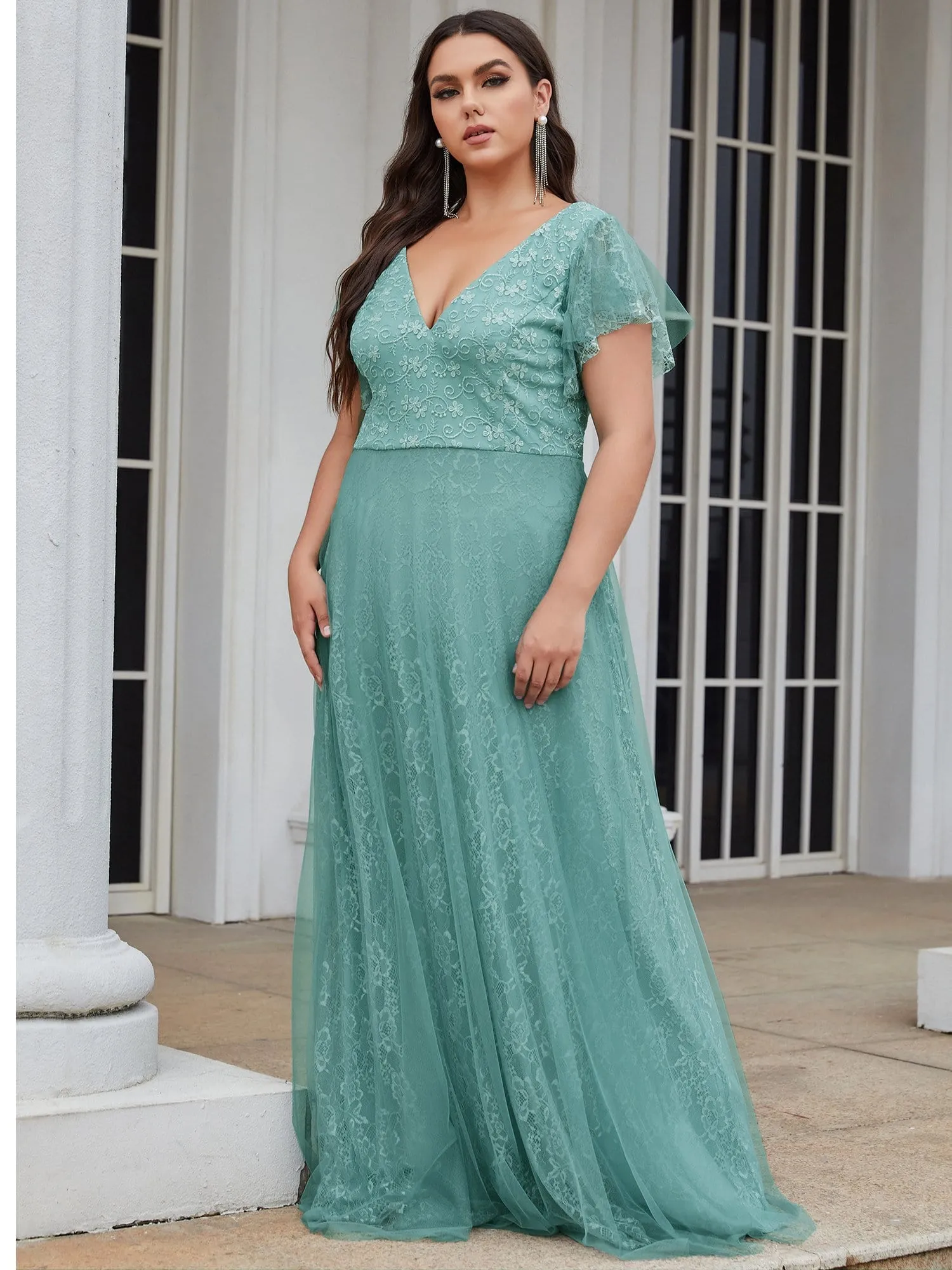 Plus Size Cap Sleeve Floral Lace Long Formal Dresses