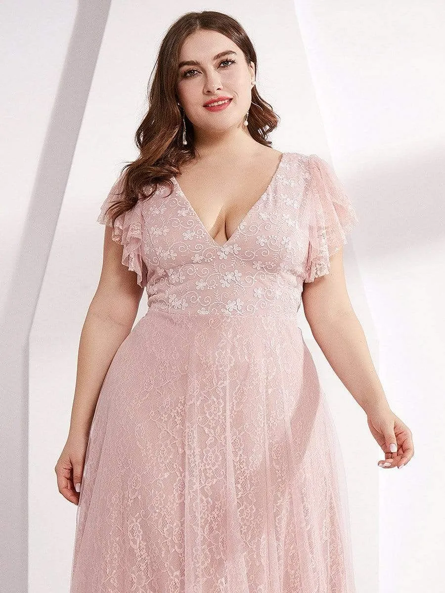 Plus Size Cap Sleeve Floral Lace Long Formal Dresses