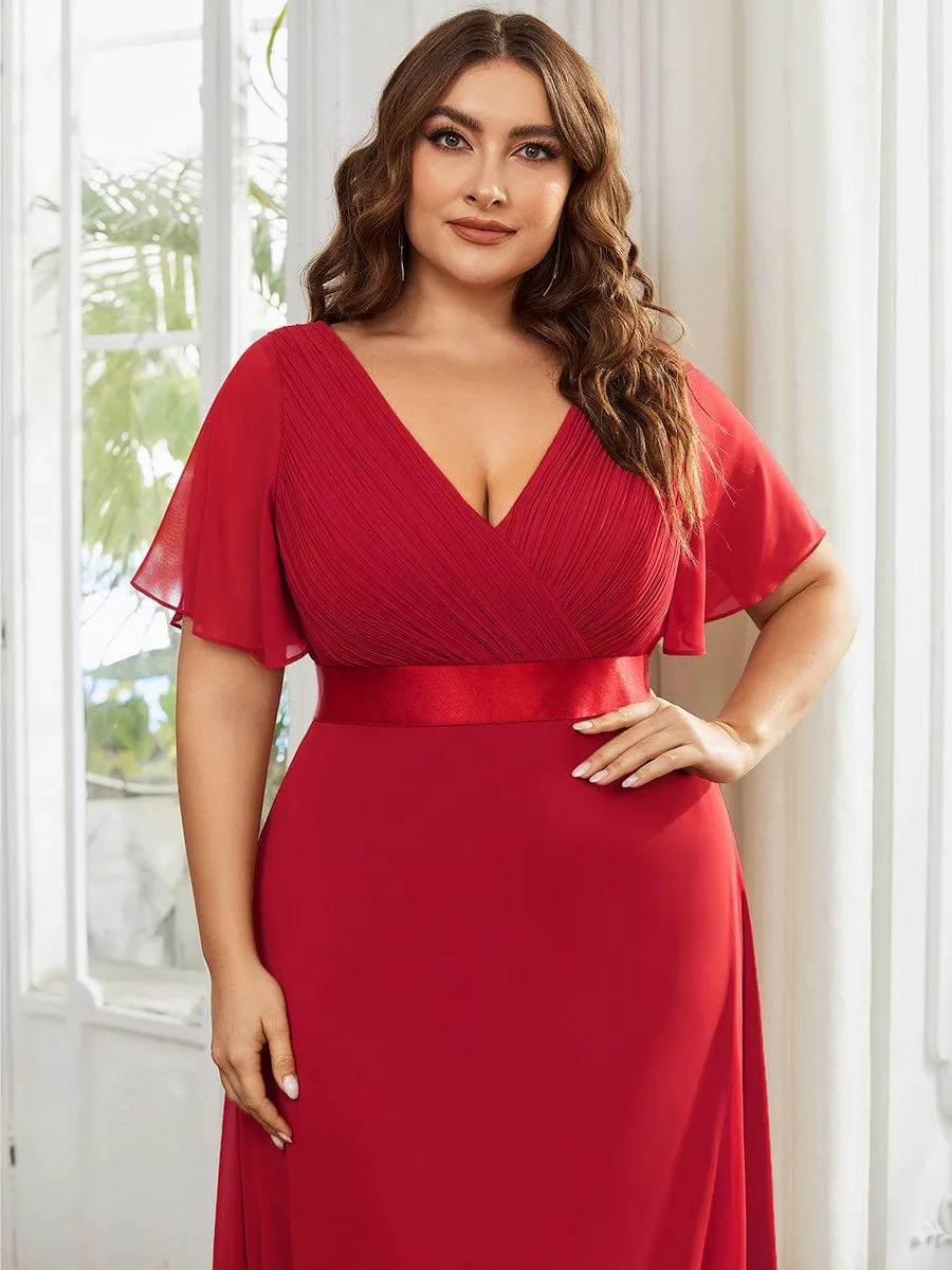 Plus Size Empire Waist V Back Bridesmaid Dress with Short Sleeves