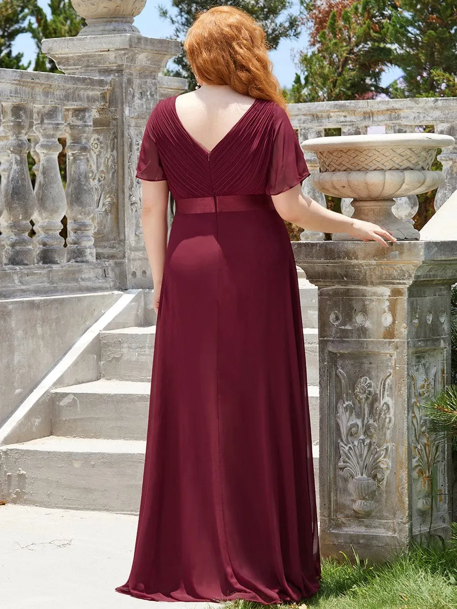 Plus Size Empire Waist V Back Bridesmaid Dress with Short Sleeves