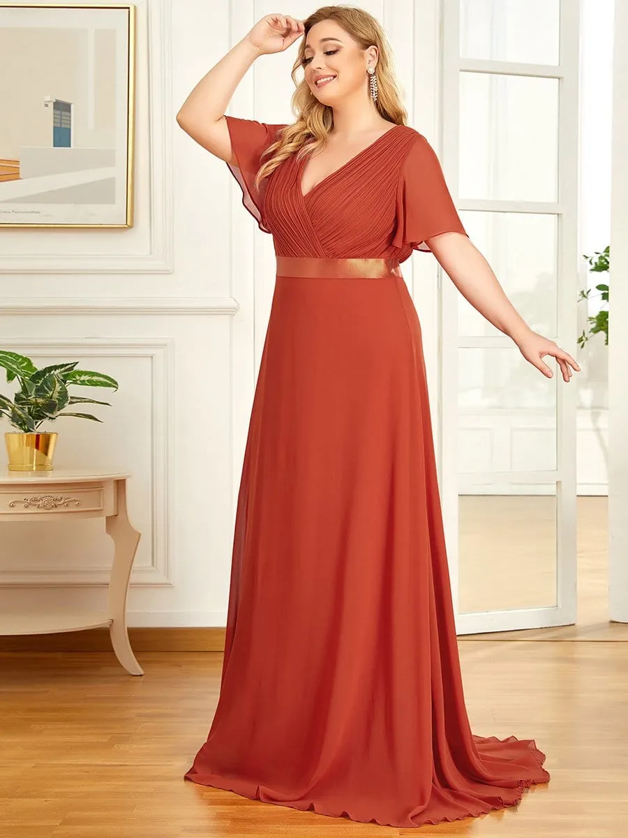 Plus Size Empire Waist V Back Bridesmaid Dress with Short Sleeves