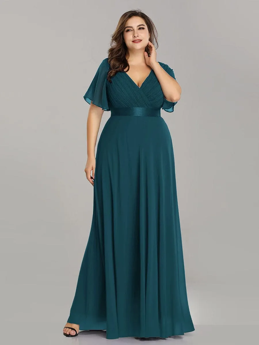 Plus Size Empire Waist V Back Bridesmaid Dress with Short Sleeves