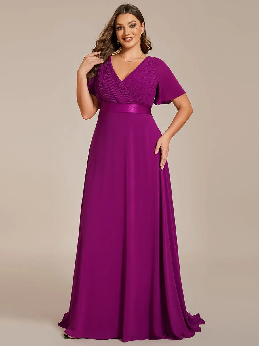 Plus Size Empire Waist V Back Bridesmaid Dress with Short Sleeves