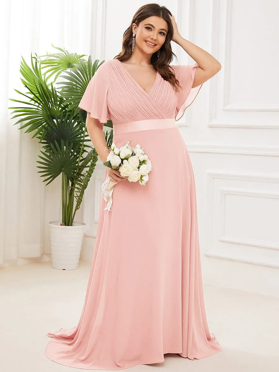 Plus Size Empire Waist V Back Bridesmaid Dress with Short Sleeves