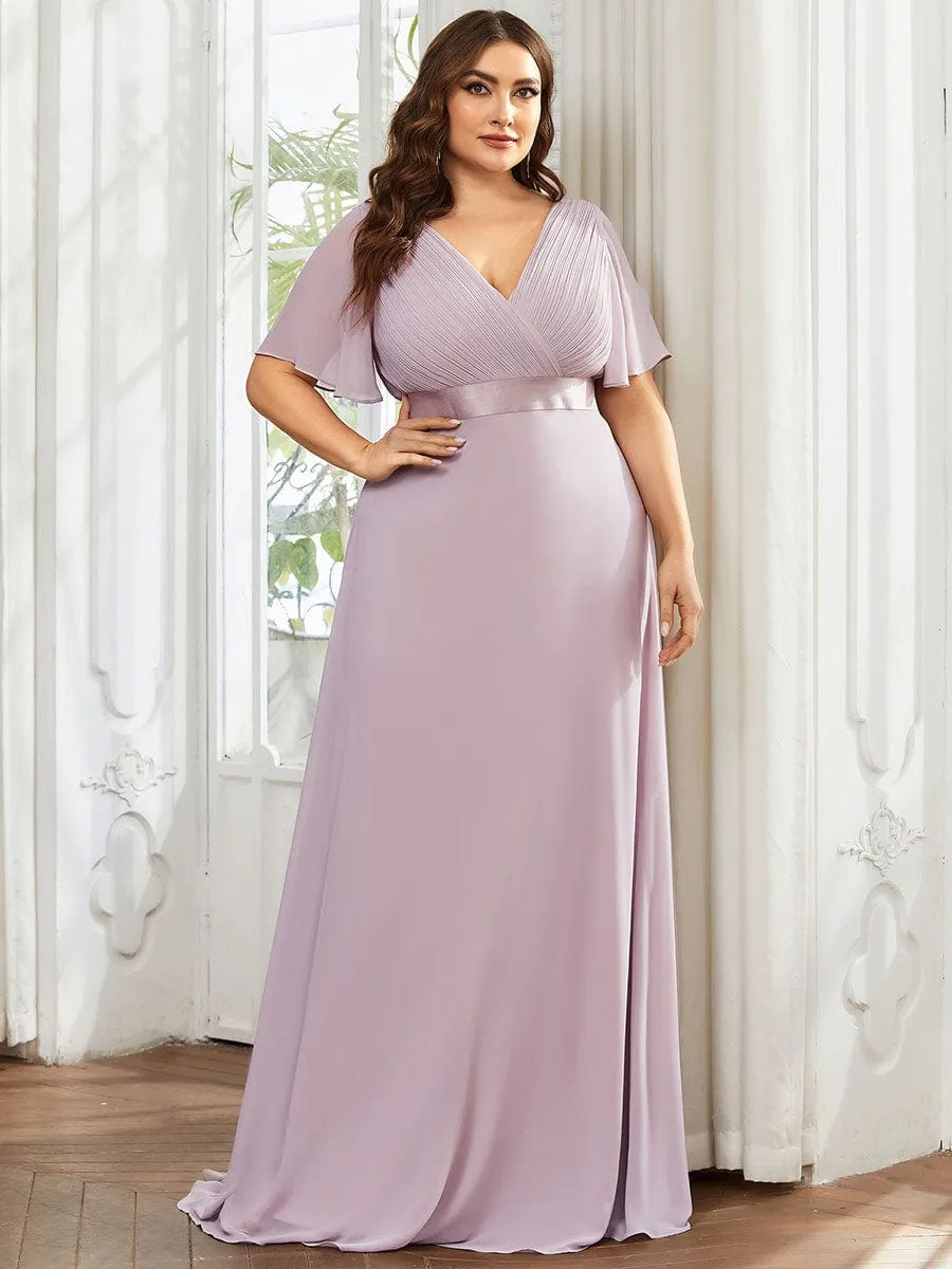 Plus Size Empire Waist V Back Bridesmaid Dress with Short Sleeves