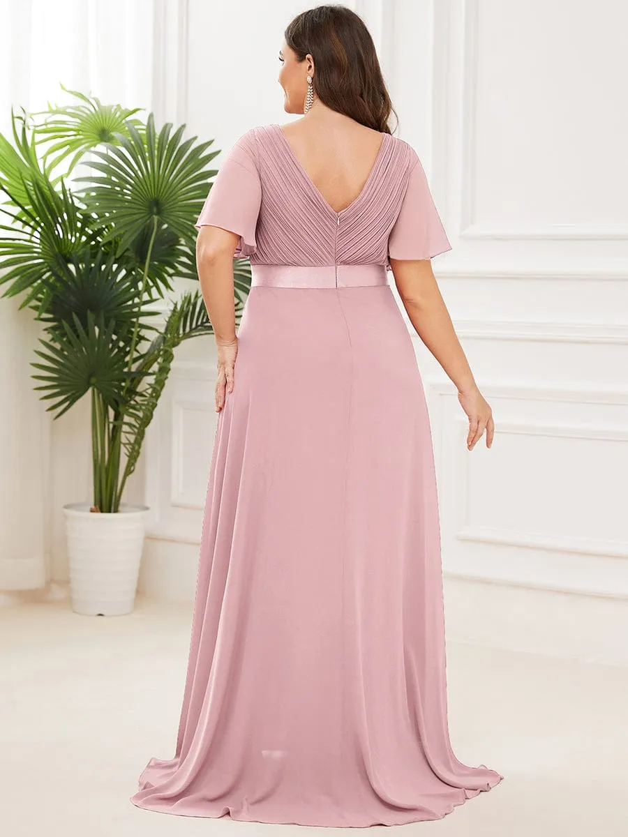 Plus Size Empire Waist V Back Bridesmaid Dress with Short Sleeves