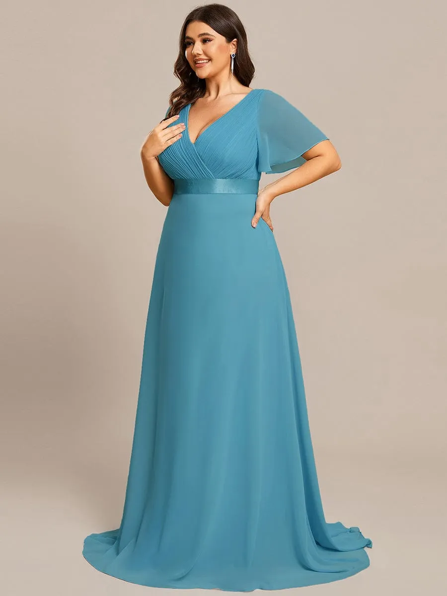 Plus Size Empire Waist V Back Bridesmaid Dress with Short Sleeves