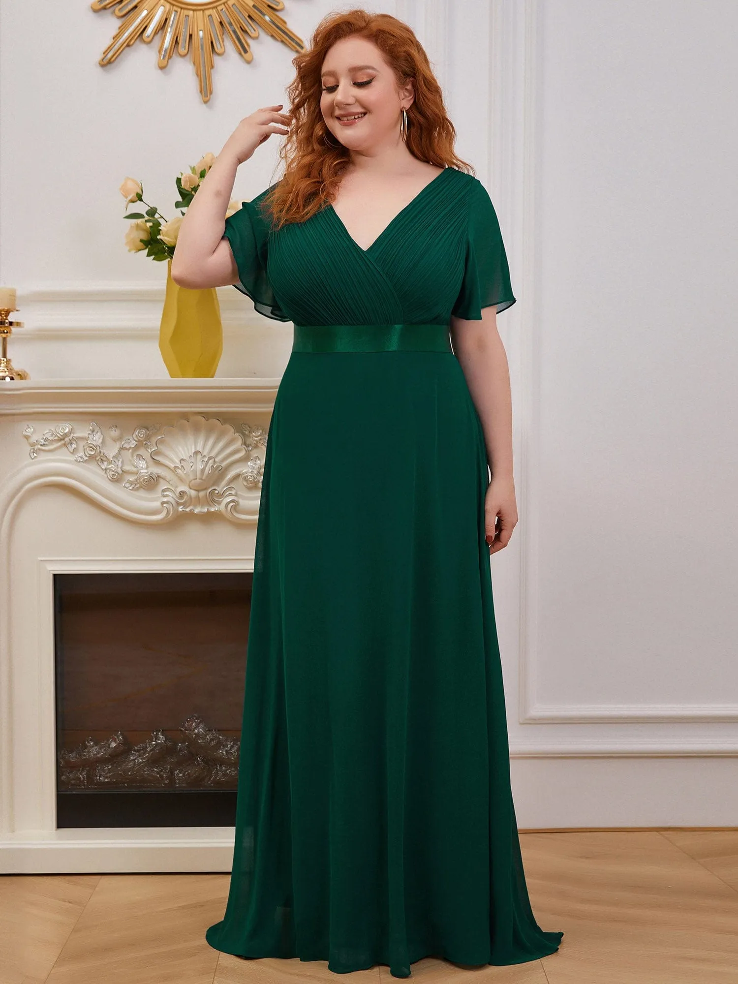 Plus Size Empire Waist V Back Bridesmaid Dress with Short Sleeves