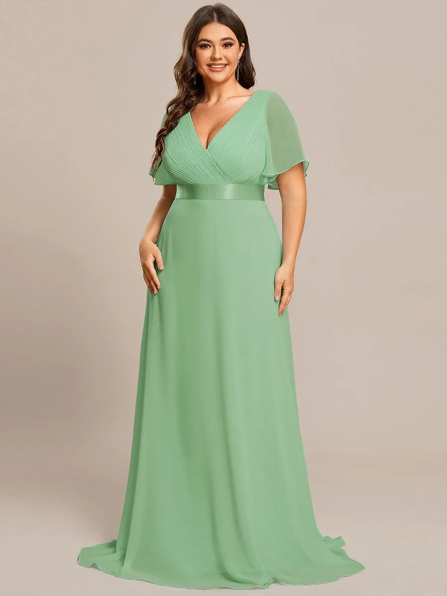 Plus Size Empire Waist V Back Bridesmaid Dress with Short Sleeves