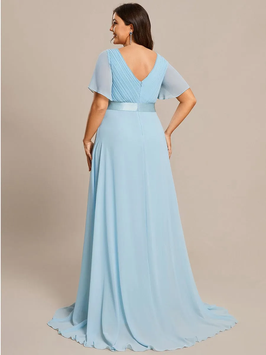 Plus Size Empire Waist V Back Bridesmaid Dress with Short Sleeves