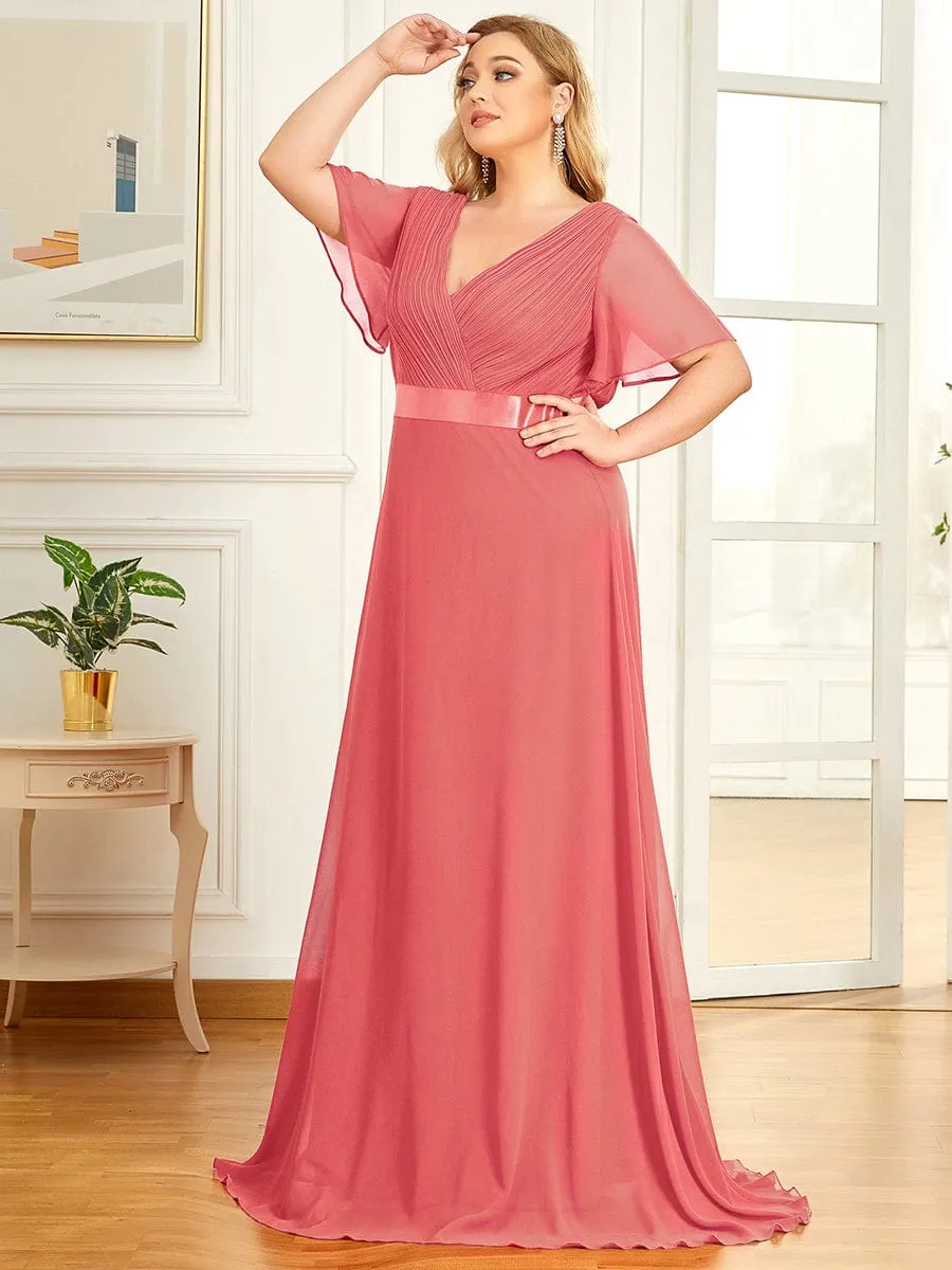 Plus Size Empire Waist V Back Bridesmaid Dress with Short Sleeves