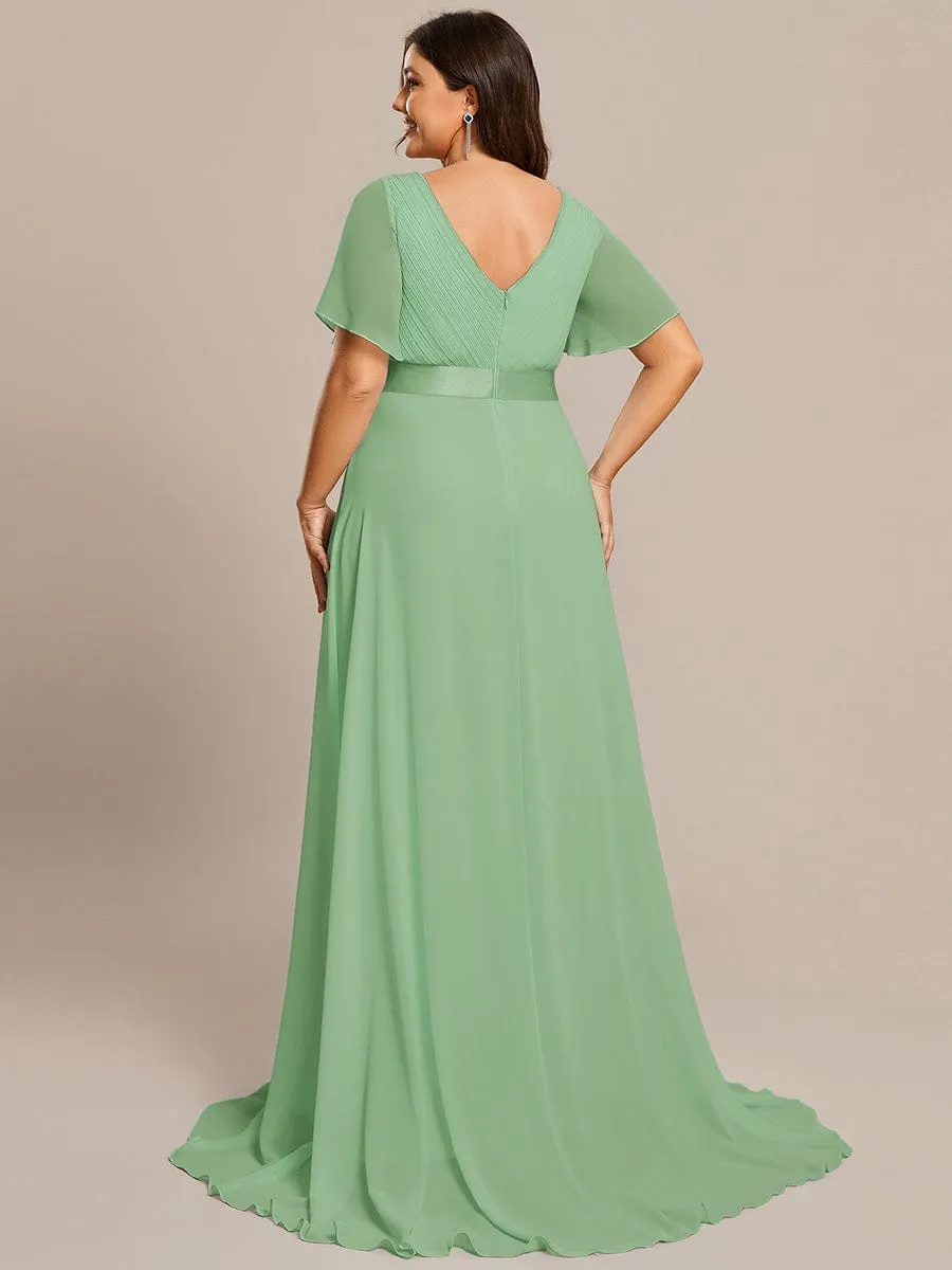 Plus Size Empire Waist V Back Bridesmaid Dress with Short Sleeves