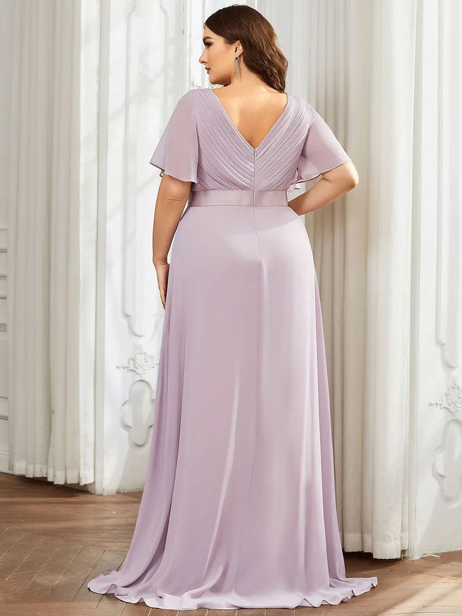 Plus Size Empire Waist V Back Bridesmaid Dress with Short Sleeves