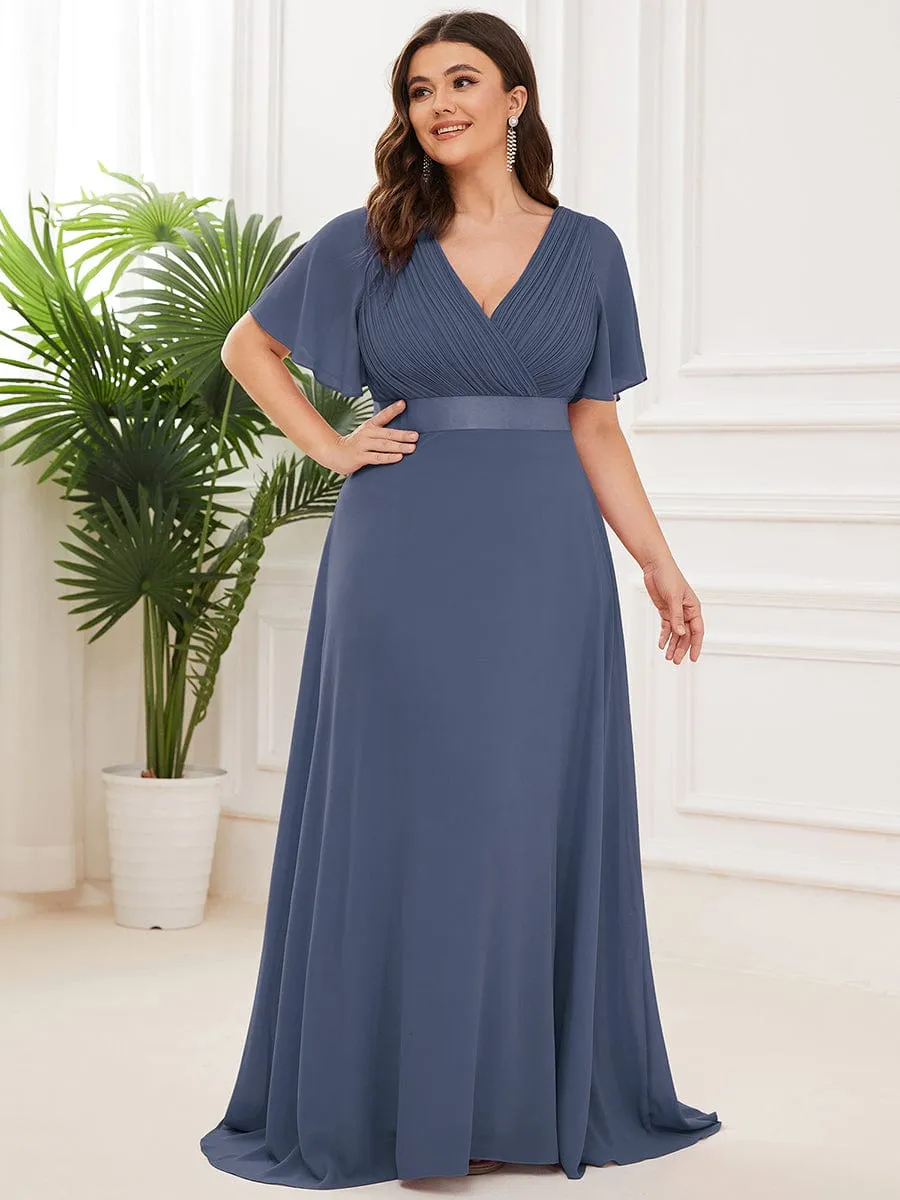 Plus Size Empire Waist V Back Bridesmaid Dress with Short Sleeves