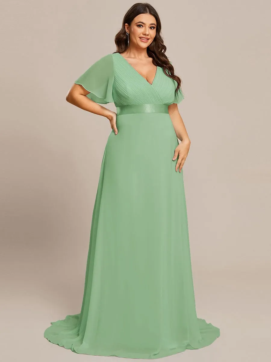 Plus Size Empire Waist V Back Bridesmaid Dress with Short Sleeves