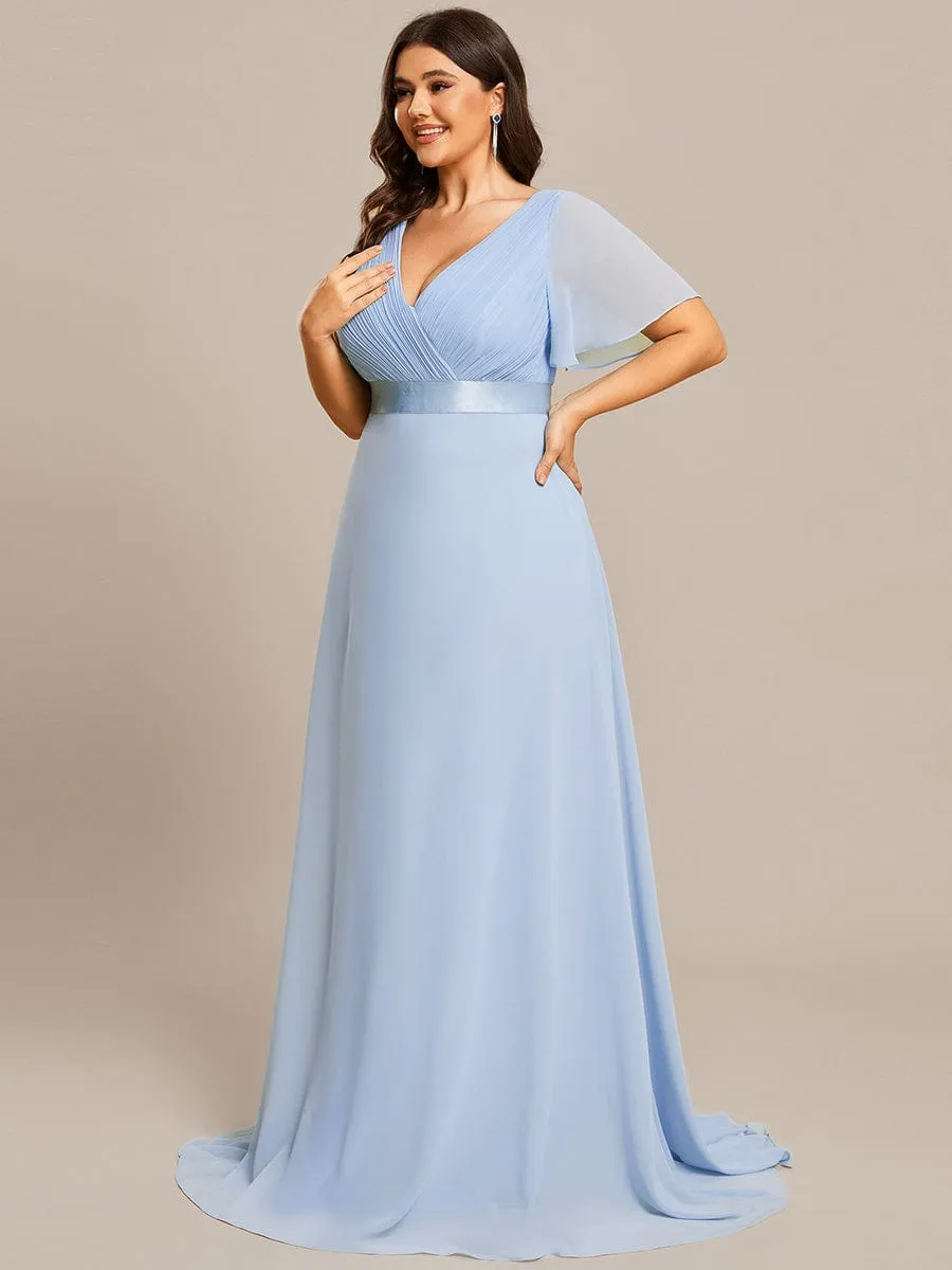 Plus Size Empire Waist V Back Bridesmaid Dress with Short Sleeves