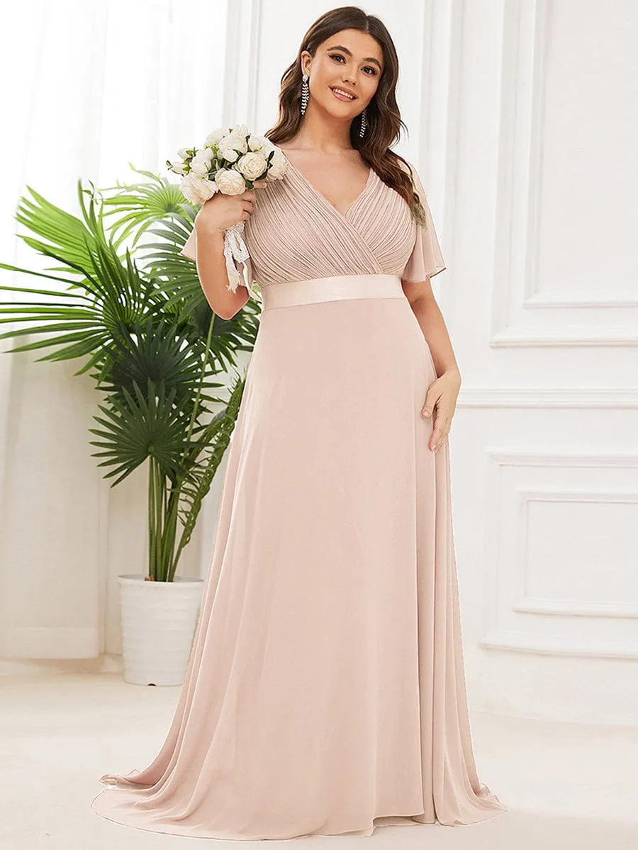 Plus Size Empire Waist V Back Bridesmaid Dress with Short Sleeves