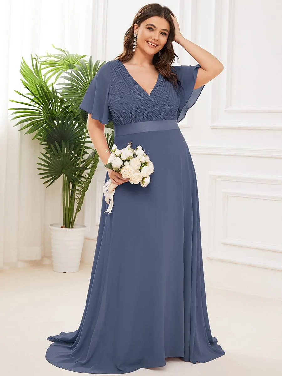 Plus Size Empire Waist V Back Bridesmaid Dress with Short Sleeves