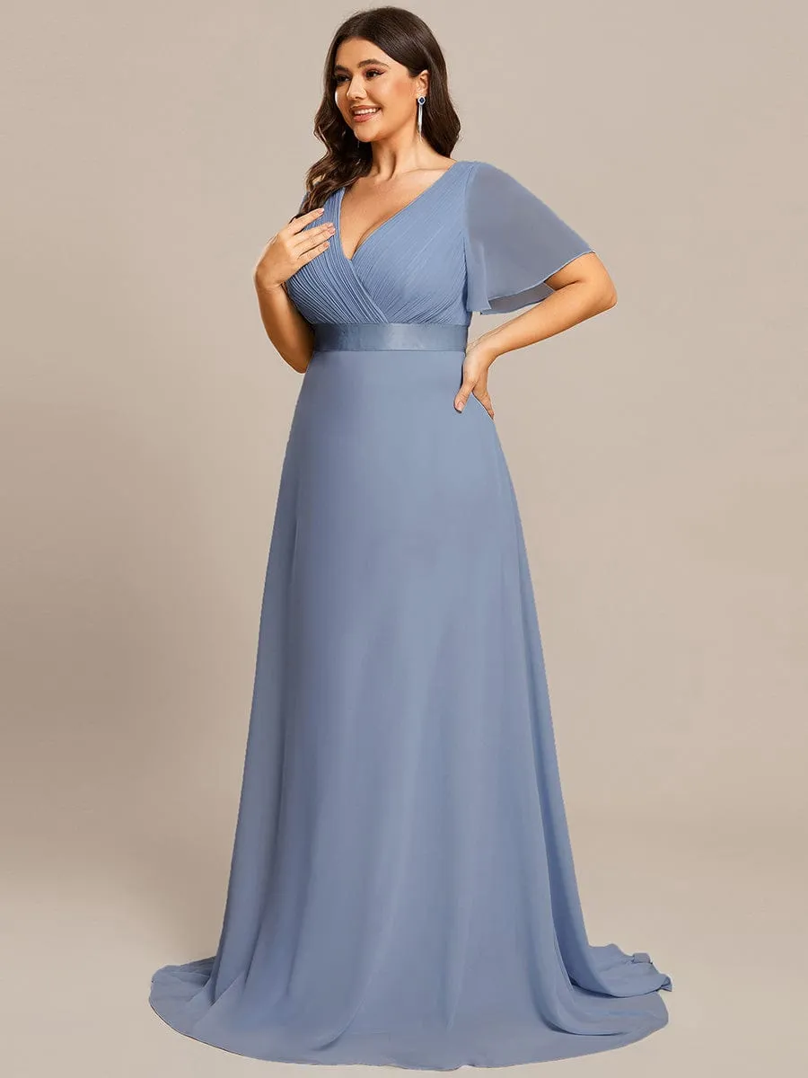 Plus Size Empire Waist V Back Bridesmaid Dress with Short Sleeves