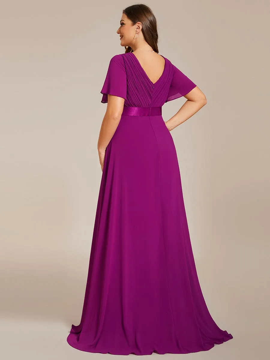 Plus Size Empire Waist V Back Bridesmaid Dress with Short Sleeves