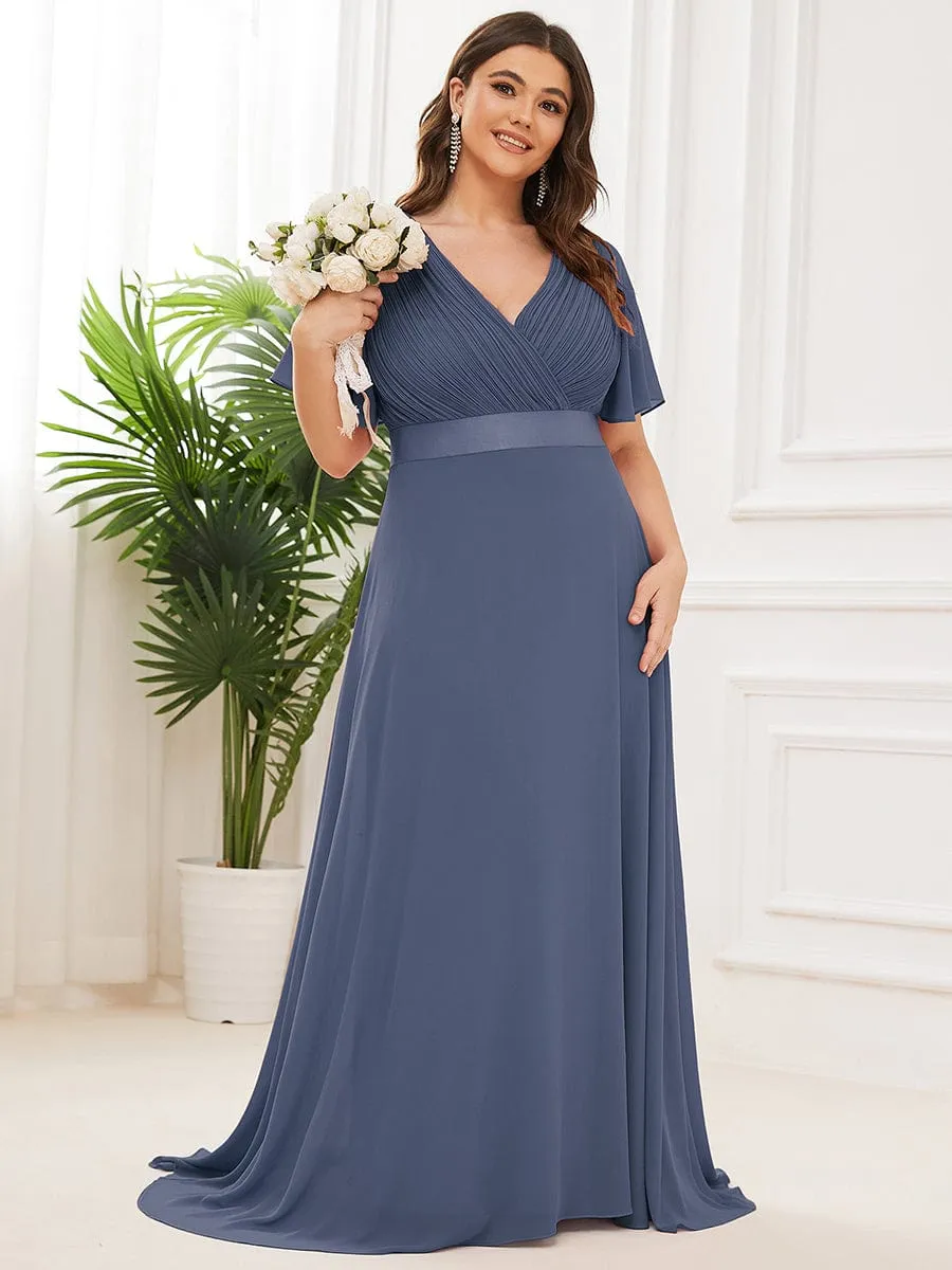 Plus Size Empire Waist V Back Bridesmaid Dress with Short Sleeves