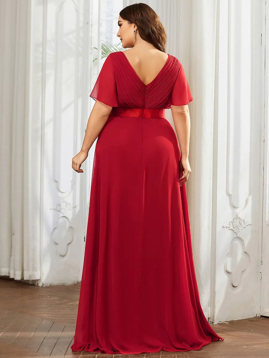 Plus Size Empire Waist V Back Bridesmaid Dress with Short Sleeves