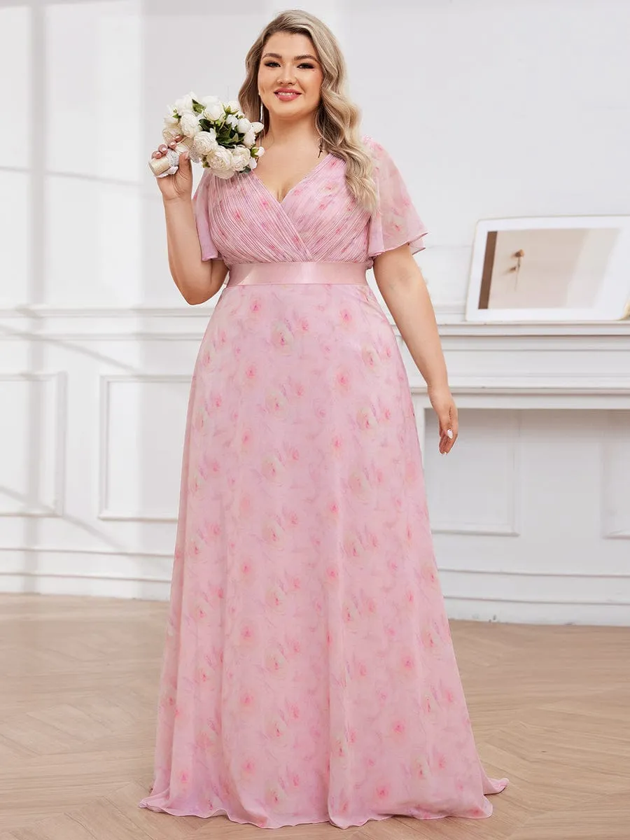 Plus Size Empire Waist V Back Bridesmaid Dress with Short Sleeves