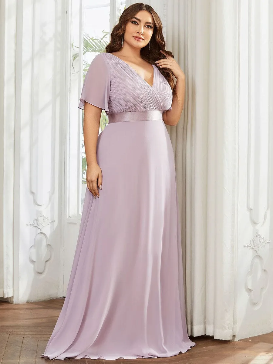 Plus Size Empire Waist V Back Bridesmaid Dress with Short Sleeves