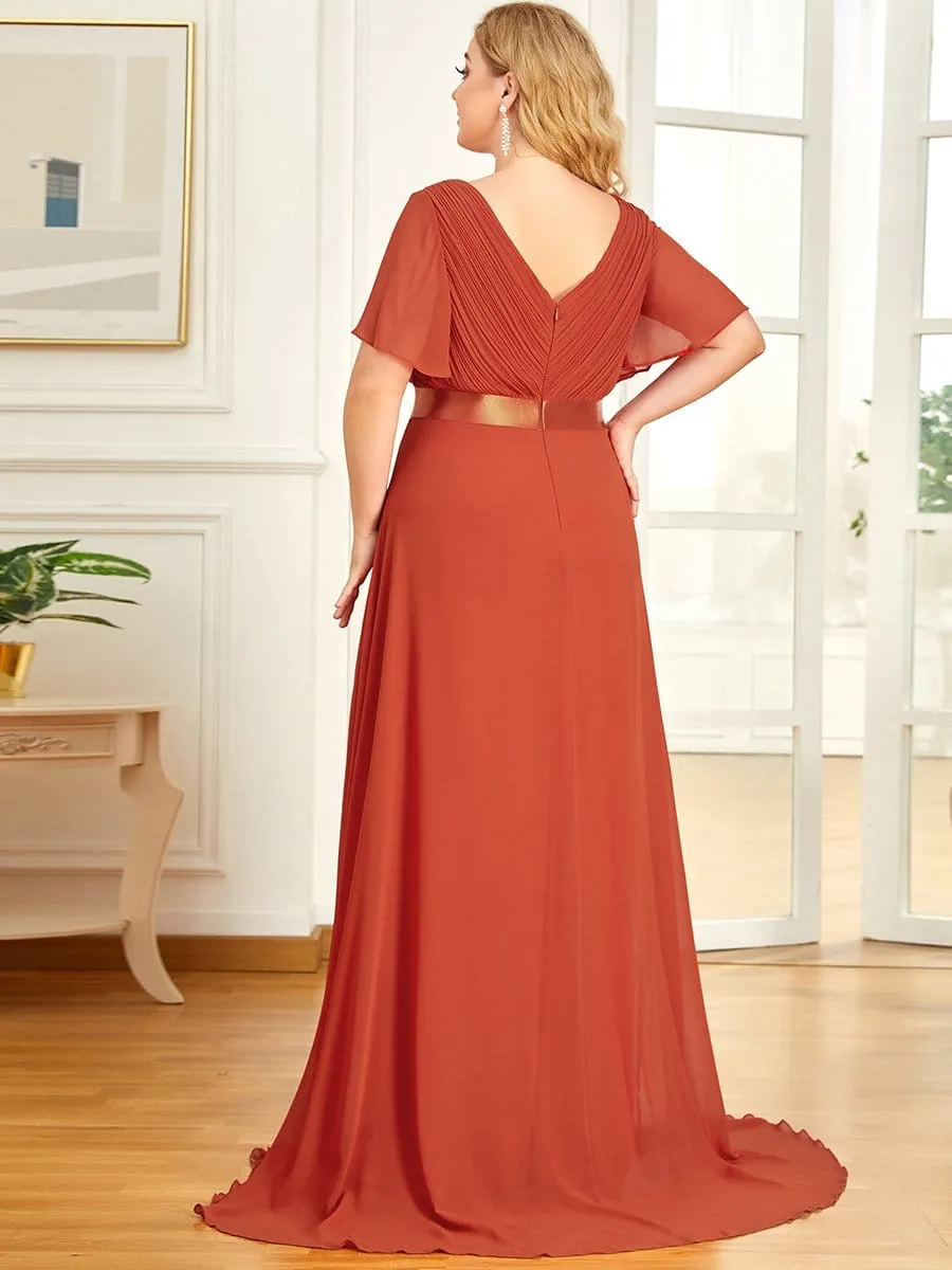 Plus Size Empire Waist V Back Bridesmaid Dress with Short Sleeves