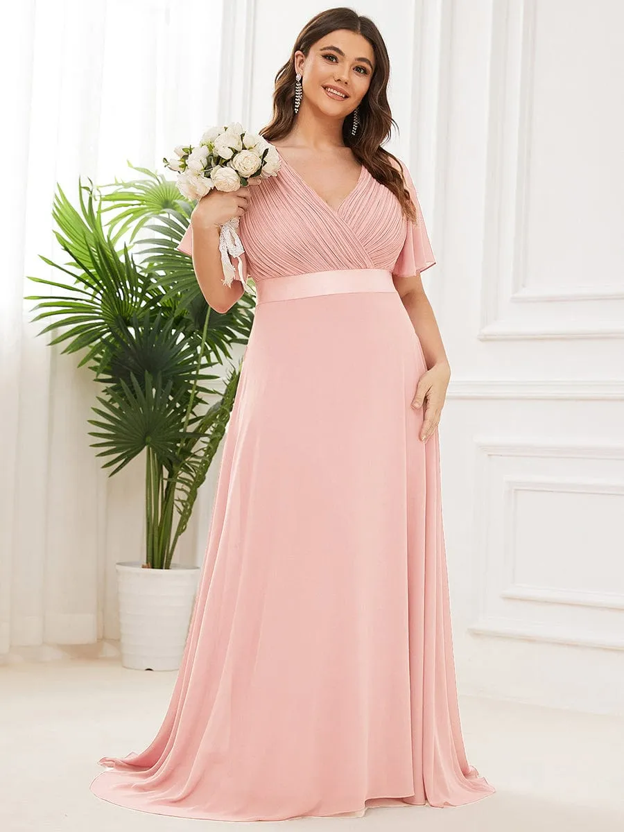 Plus Size Empire Waist V Back Bridesmaid Dress with Short Sleeves