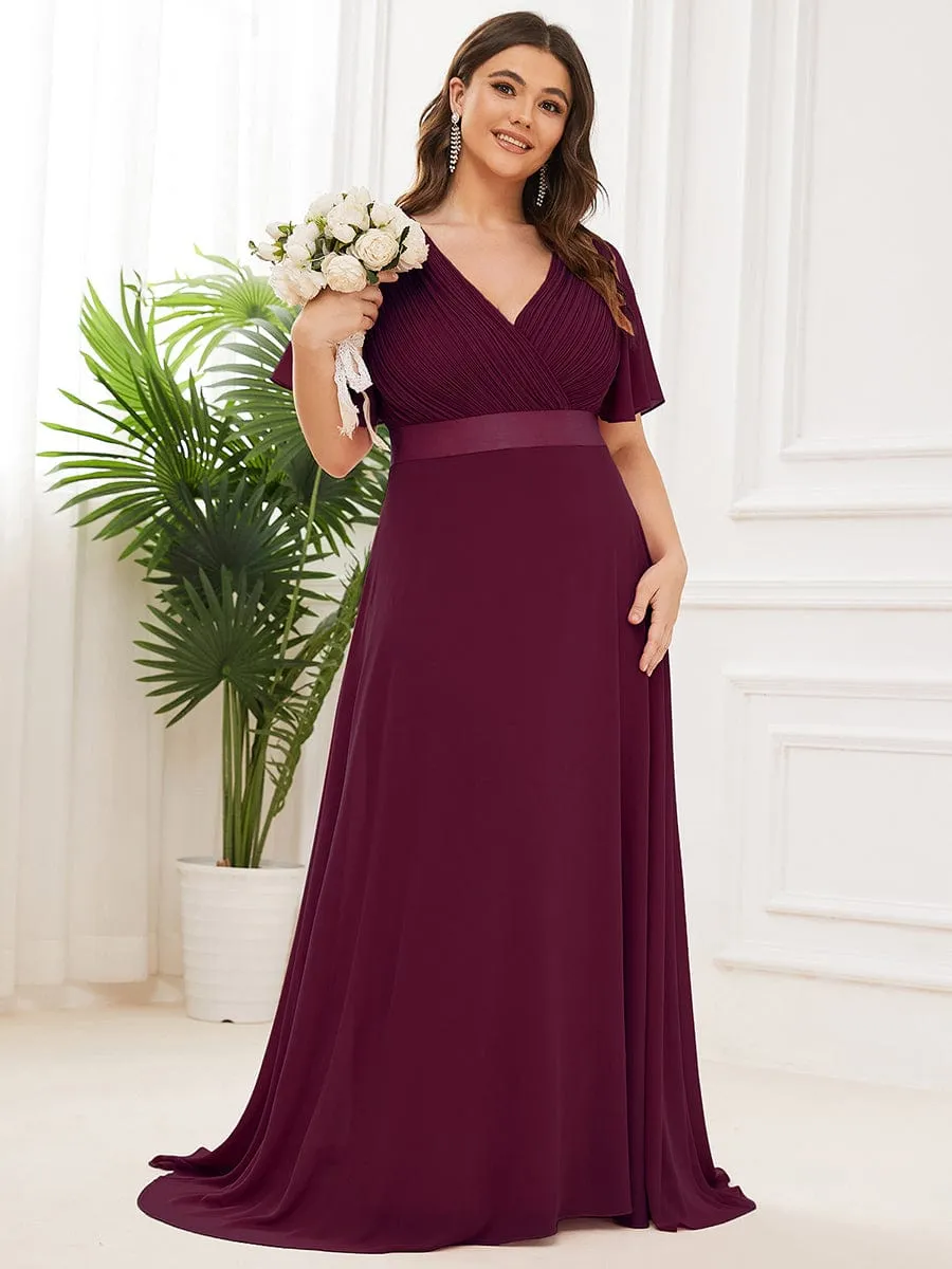 Plus Size Empire Waist V Back Bridesmaid Dress with Short Sleeves