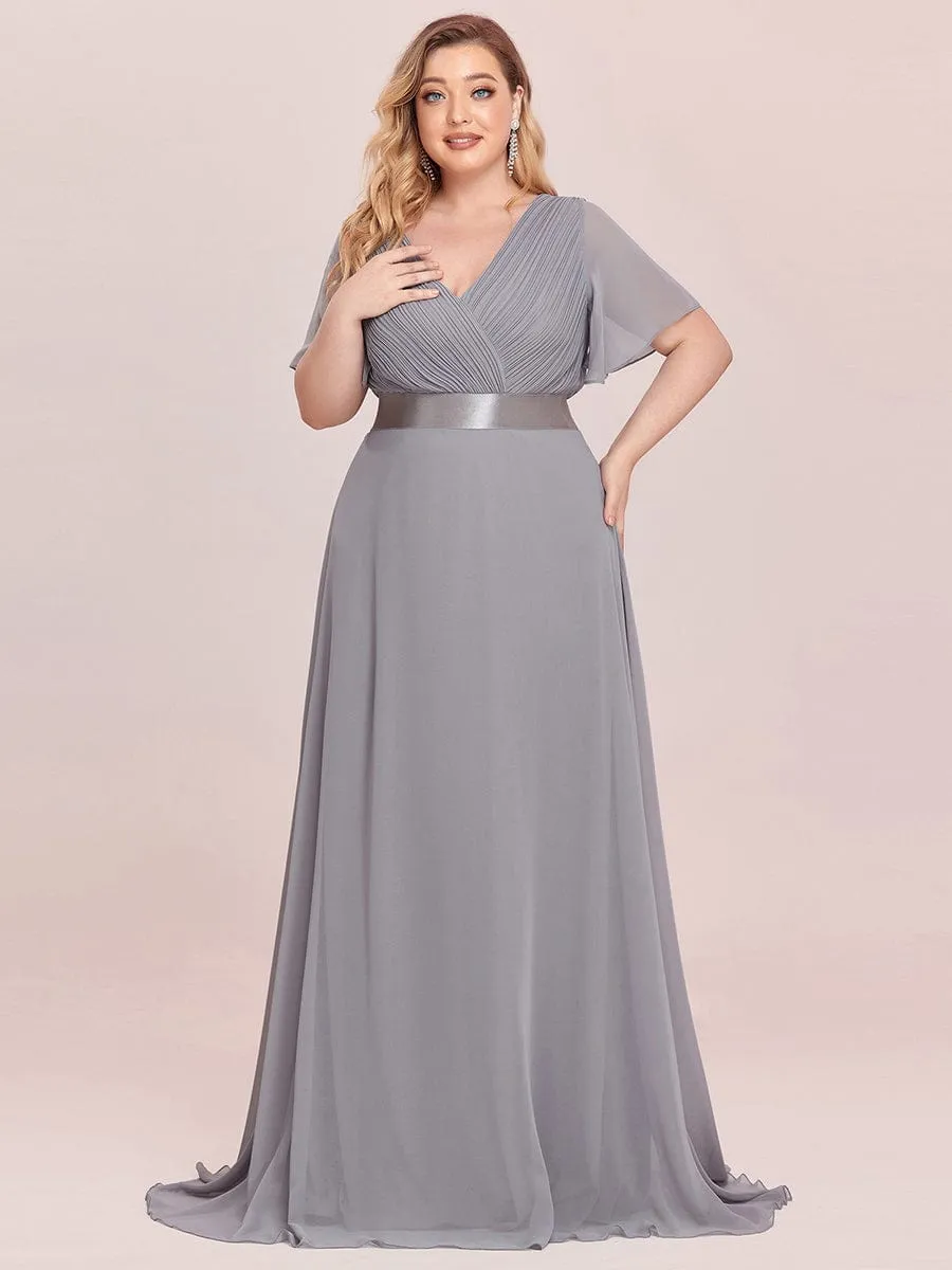 Plus Size Empire Waist V Back Bridesmaid Dress with Short Sleeves