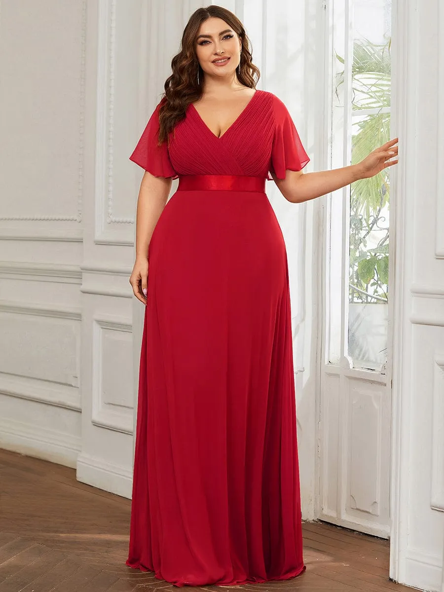 Plus Size Empire Waist V Back Bridesmaid Dress with Short Sleeves