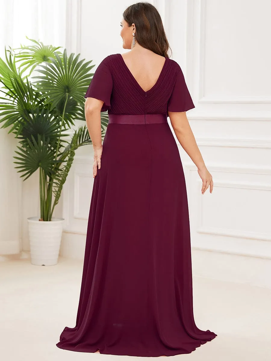 Plus Size Empire Waist V Back Bridesmaid Dress with Short Sleeves