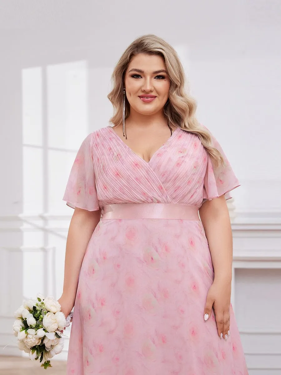 Plus Size Empire Waist V Back Bridesmaid Dress with Short Sleeves