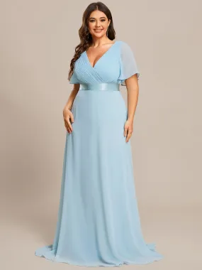 Plus Size Empire Waist V Back Bridesmaid Dress with Short Sleeves