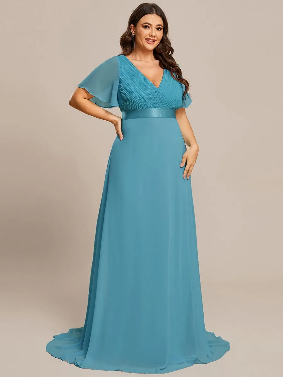 Plus Size Empire Waist V Back Bridesmaid Dress with Short Sleeves